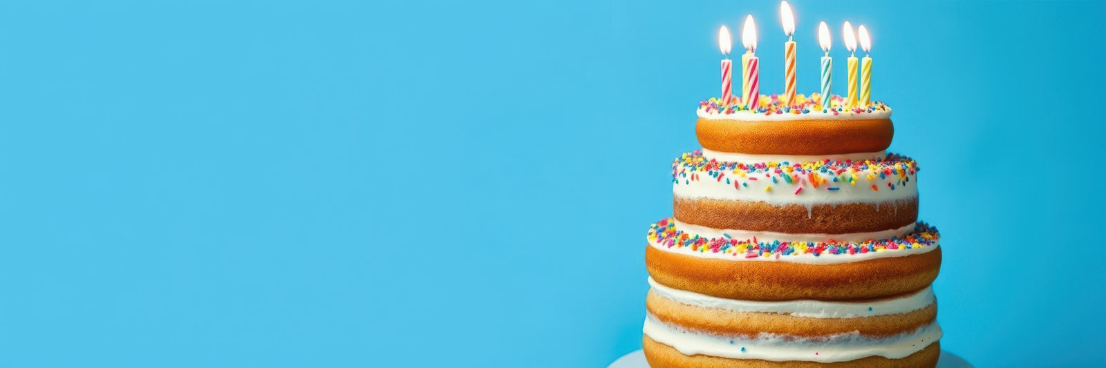 Celebrating a joyous birthday with a colorful layered cake adorned with candles and sprinkles